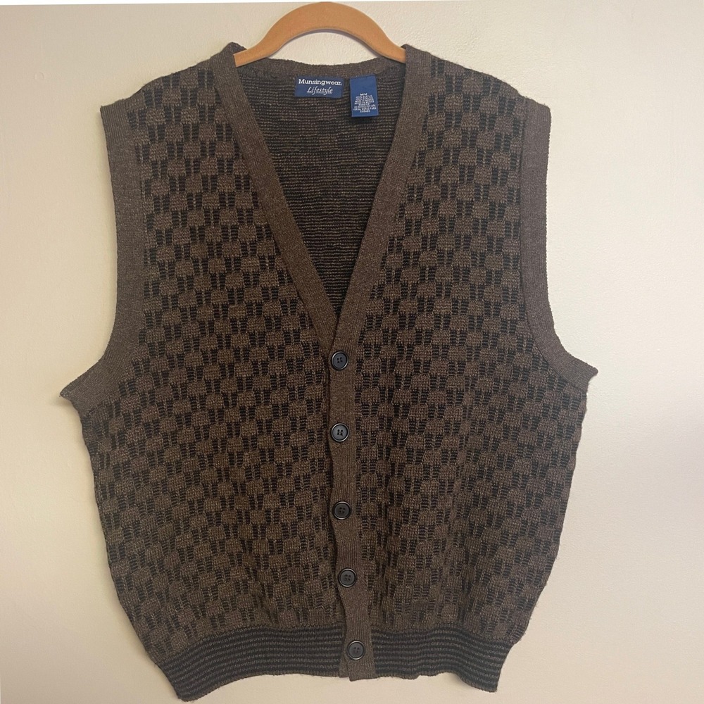 Vintage Grandpa Sweater Vest Mens Medium Brown Checked‎ Golf Preppy Grunge Baggy